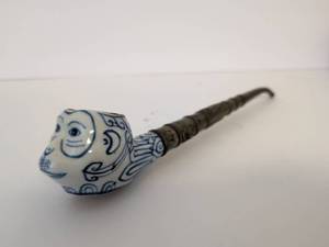lot 2011 image: Blue and White Porcelain Bowl Pipe with Metal Stem and Decorative Bands