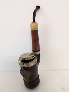 lot 2025 image: Tobacco Pipe with Hinged Lid Metal Cap Horse Head Relief Approx 6 in