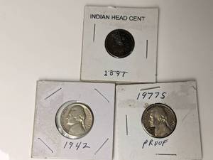 lot 2089 image: Lot of 3 US Coins - Indian Head Cent 1897, Jefferson Nickel 1942 and 1977-S Nickel Proof