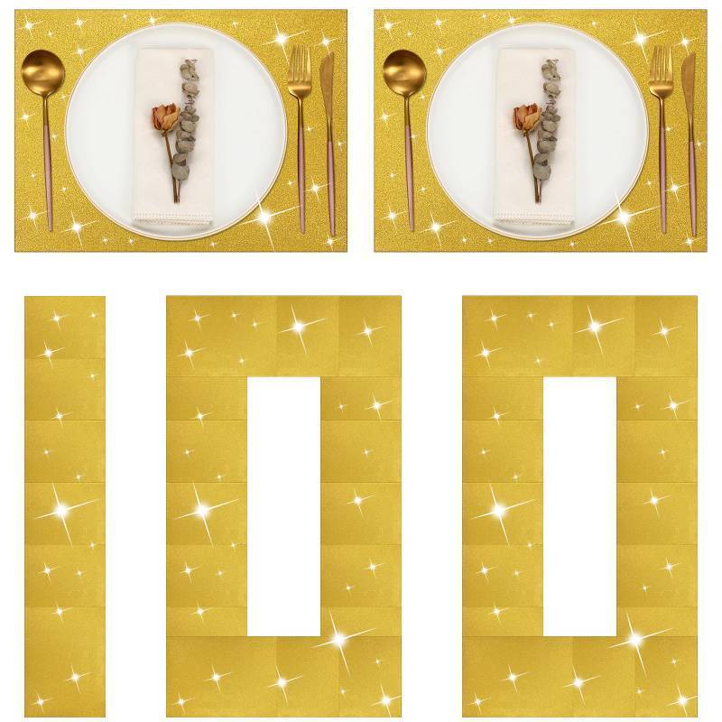 lot 1013 image: 8 x 14 -100 Pieces Glitter Placemats Disposable Paper Placemats (Gold) Retail $21