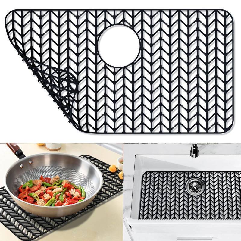 lot 1085 image: Sink Protectors for Kitchen Sink 16x12 & 18x12 & 19x13 & 24x12.5 & 26x14 & 28x14 & 29x16,Silicone kitchen sink mats protector for bottom of farmhouse sink(26x 14Rear Drain Black) Retail $30.31