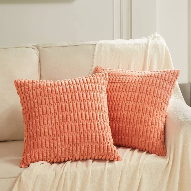lot 1087 image: 2 Packs Coral Decorative Throw Pillow Covers 20x20 Inch Soft Corduroy Retail $17.69