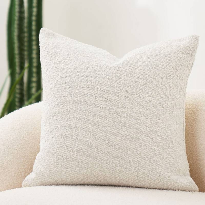 lot 1083 image: DOMVITUS Luxury Decorative Throw Pillow Cover 18 x 18 Inch Textured Boucle Square Sofa Couch Pillow for Living Room Woven Accent Cushion Case, 1PC, Ivory - Retail $16