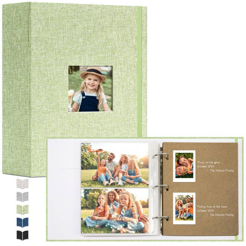 lot 1094 image: Vienrose Photo Album 4X6 40 Pockets, Linen Scrapbook Memory Book, 3 Ring Binder Album with 20 Writing Pages, and 10 Self-Adhesive Pages, Travel Family Wedding (Grass Green) - Retail $15