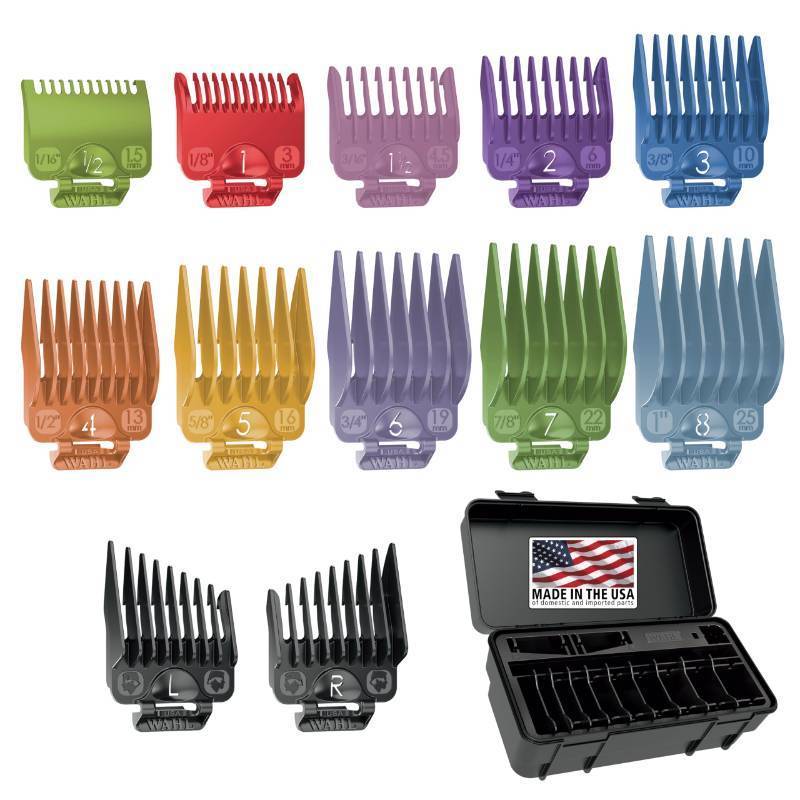 lot 1092 image: Wahl Clipper Genuine Secure-Fit�� Attachment Guard Organization Kit with Color Pro Colored Hair Clipper Guide Combs, 14 Piece Premium Storage Kit Hair Clippers, Multicolor - 3291-100 - Retail $20