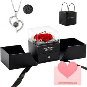 lot 1102 image: Festive Find Store for Mom - Preserved Real Rose with Heart I Love You Necklace in 100 Languages, Eternal Red Forever Flower Romantic Gift for Wife Girlfriend Grandma Birthday Best Wishes Box - Retail $22