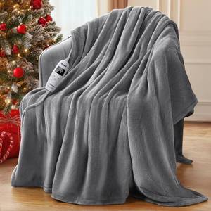 lot 1127 image: PKBD Electric Heated Blanket Throw, 50x60 with 10 Heating Levels, 8 Hours Auto Shut Off & Overheat Protection, Machine Washable Flannel, Dual Sided, Light Grey - Retail $45