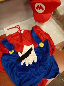 lot 1134 image: Mario Men,Adult Cosplay Costume with Accessories Set  Large Only 1 mustache  - Retail $36