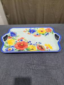 lot 619 image: Pioneer Woman Delaney Floral Serving Tray W Handles Cobalt Blue 18x11 Melamine