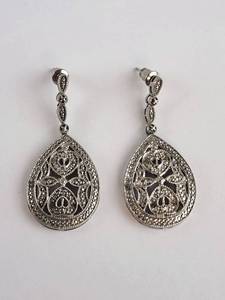 lot 137 image: Ornate Filigree Teardrop Dangle Earrings Pair with Stud Posts
