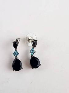 lot 138 image: Black Onyx Blue Topaz Teardrop Dangle Earrings Pair