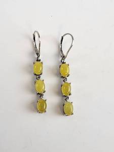 lot 151 image: Sterling Silver Yellow Jade Oval Cabochon Drop Earrings .925