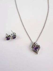 lot 154 image: Amethyst Heart Pendant Necklace and Matching Stud Earrings Set Sterling Silver