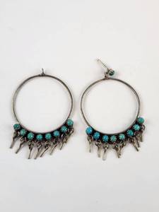 lot 157 image: Pair of Sterling Hoop Earrings with Turquoise Beads and Fringe Dangles Read