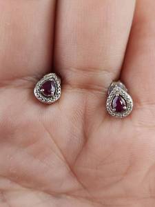 lot 162 image: 925 JWBR Teardrop Stud Earrings Red Gemstone Halo Setting Pair