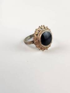 lot 175 image: Sterling Silver Ring with Black Oval Stone Ornate Filigree Setting