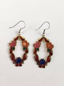 lot 176 image: Pair Cloisonne Enamel Drop Earrings Floral Design