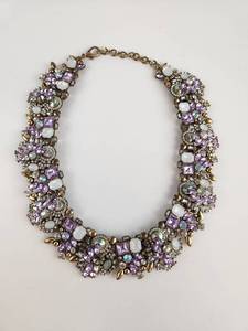 lot 200 image: Statement Necklace Purple Rhinestone Crystals White Cabochons Gold Chain