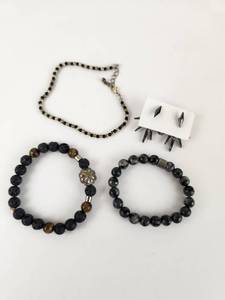 lot 222 image: Vintage Beaded Bracelet and Necklace Lot with Earrings - Black and Gold Tone 4 Piece Set