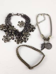 lot 254 image: 3 Charm Bracelets Lot Flower Beads Snake Chain Heart Engravings
