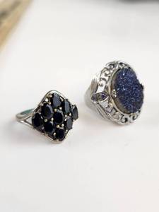 lot 257 image: Lot of 2 Rings with Black Stones and Blue Druzy