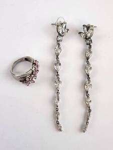 lot 260 image: Costume Lot Crystal Drop Earrings and Floral Ring with Marquise Stones