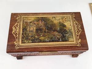 lot 265 image: Vintage Wood Storage Box with Decorative Top Panel and Carved Details