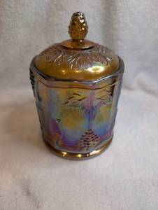 Iridescent Indiana Carnival Glass Lidded Jar with Leaf and Berry Motif