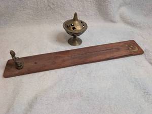 lot 1106 image: Brass Incense Burner with Moon and Stars Motif and Wood Holder
