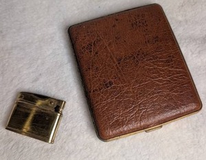 lot 1502 image: Cigarette Case with Lighter Brown Leather Metal Hinged