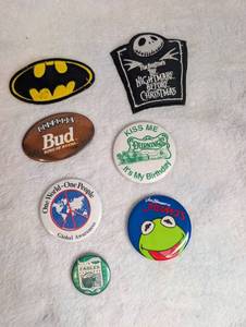 lot 2523 image: Lot of 7 Mixed Pins and Patches Batman Bud Muppets Nightmare Christmas Eagles