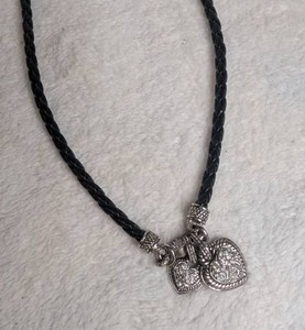 lot 3200 image: Black Braided Leather Necklace with Heart Charms