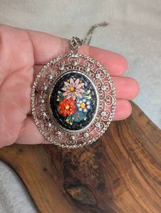lot 3209 image: Ornate Oval Pendant Necklace with Painted Floral Cameo