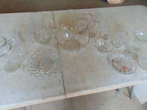 lot 3755 image: Pitcher and glass set with other clear glass