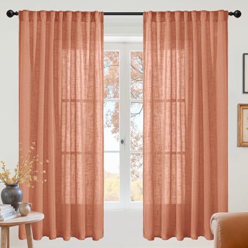 lot 40297 image: YoungsTex Burnt Orange Linen Curtains 68 Inches Long for Living Room - Semi Sheer Drapes Light Filtering with Rod Pocket Back Tab Rustic Lightweight for Bedroom Window, 2 Panels, 52 X 68 Inch