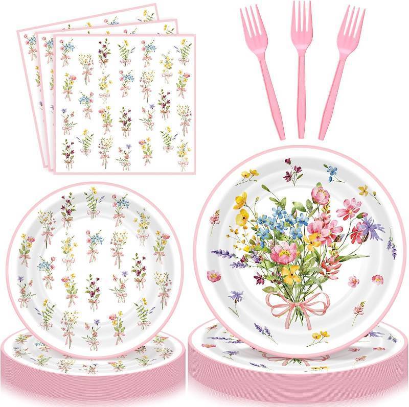 lot 3727 image: Havawish 96 Pcs Party Plates Set,Spring  Disposable Paper Plates Napkins, Birthday Baby Shower Wedding Gender Reveal , Complete Sets, Party Souvenir Supplies