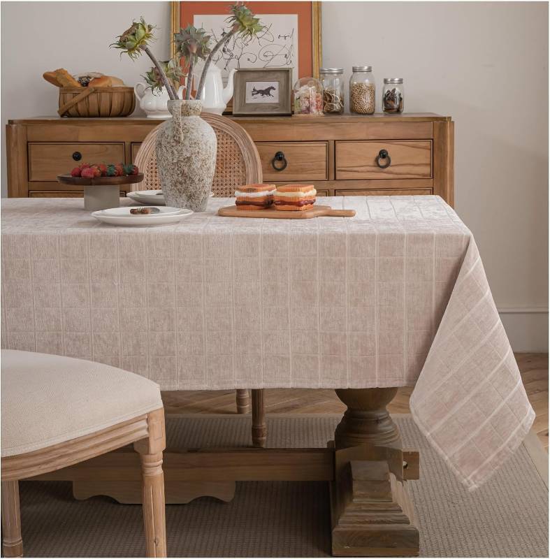 lot 2360 image: Caflife Khaki Table Cloth Rectangle Table 55x70 Inch, Thick Wrinkle-Free Cotton Linen Polyester Blend Tablecloth, Rustic Farmhouse Boho Modern Simple Textured Decorative Non-Slip Dining Table Cover