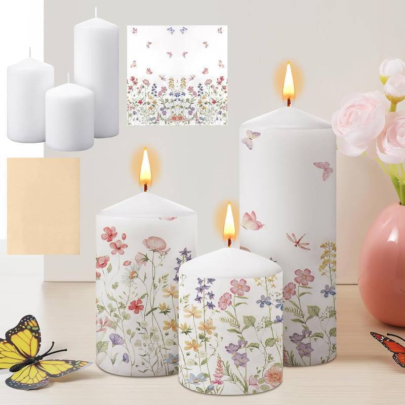 lot 2370 image: 3 Set DIY Spring Wildflower Pillar Candle Craft Decor Unscented Tall Floral Easter Candle Pillars Gifts with Paper Napkins and Baking Paper for Spring Wedding Easter Home Table Decor
