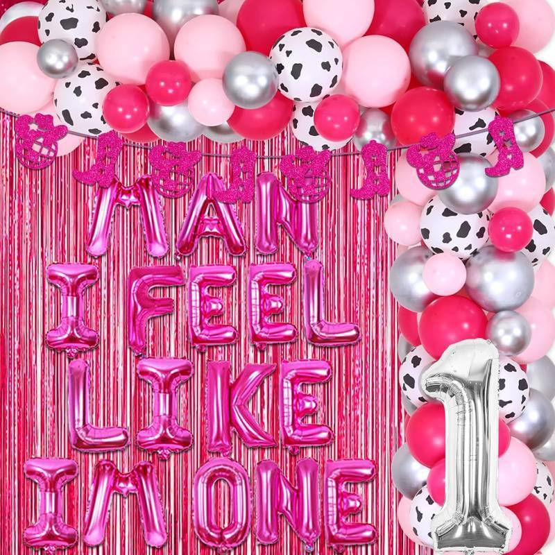lot 3838 image: Disco Cowgirl 1st Birthday Decorations Girls, Hot Pink Man I Feel Like Im One Balloons Banner, Western Cowgirl Arch Garland Kit with Disco Cowgirl Banner, Rodeo First Party Supplies