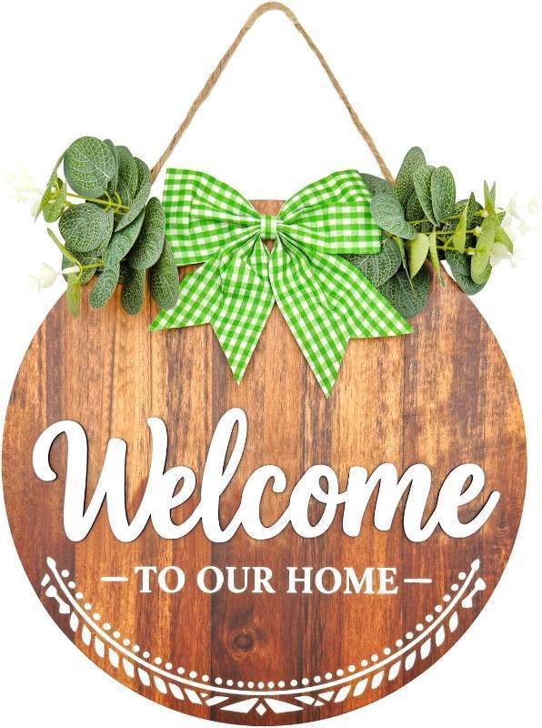 lot 45416 image: 3D Wooden Welcome Sign for Front Door Welcome Decor Sign Hanging Home Porch Wall Decor Welcome Home Porch Wall Sign with Bow-Knot Wreath Gift for Entryway Porch Front Door(Brown)