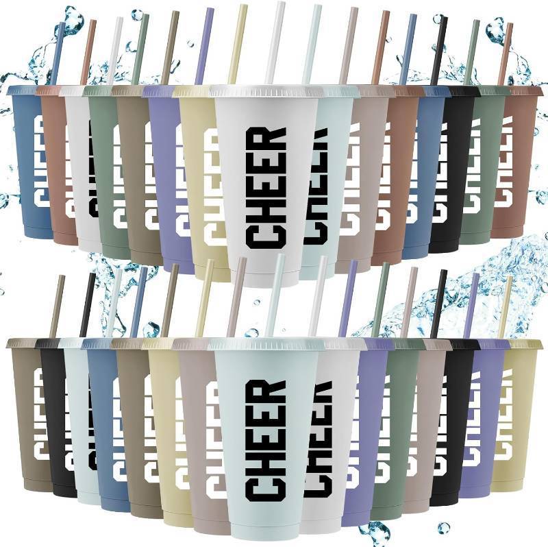 lot 45471 image: Lallisa 30 Pcs Cheerleader Gift Bulk for Team 24 oz Reusable Cheer Plastic Cups with Lids and Straws for Men Women Cheerleader Sport Party Favor Gift(Dark Color)