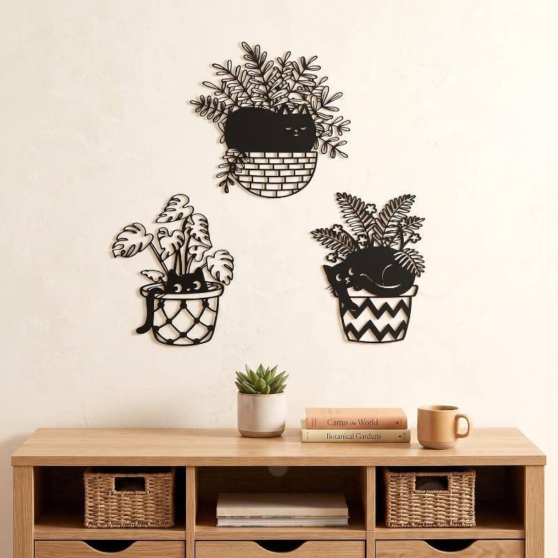 lot 45407 image: Fiwochic 3 Pcs Black Cat Metal Wall Decor Cute Blakc Cat Botanical Wall Art Leaves Art Potted Plant Decoration for Cats Lover Minimalist Room Living Room Patio Decor Gift