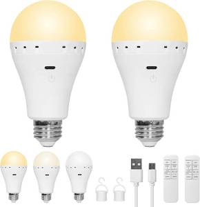QBY Rechargeable Emergency Light Bulb, ETL/FCC Certified, 1500mAh Battery Backup Led Light Bulbs, 3000/4500/6000K & Dimmable, 60W Equiv., Remote & Touch, Home/Power Outage/Camping, 2 Pack