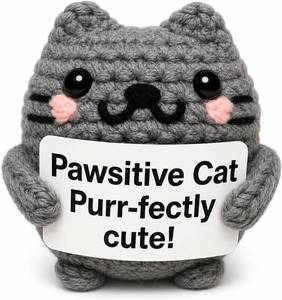 lot 34588 image: Positive Cat Crochet Amigurumi Yarn Kitty with Card - Handmade Inspirational Gift for Cat Lovers, Friends, Coworkers, Desk Decor