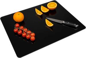 lot 34106 image: Tempered Glass Cutting Board for Kitchen, 16 x 20 Inch Cutting Board with Non-Slip Feet for Countertop, Dishwasher Safe, Rounded Corner Board, Shatter, Heat & Scratch Resistant-Black
