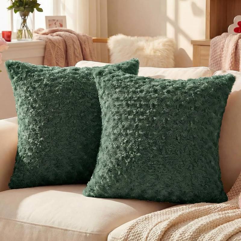 lot 78017 image: FUTEI Pack of 2 Rose Textured Throw Pillow Covers 20x20 Inch, Dark Green