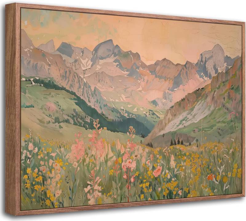 lot 78096 image: Framed Boho Mountain Canvas Wall Art, Vintage Wildflower Landscape 8x10in