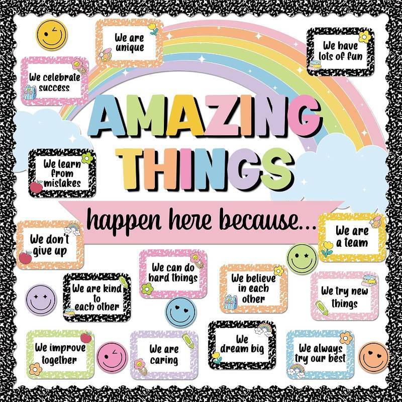 lot 78217 image: Pastel Rainbow Amazing Things Happen Here Bulletin Board Set Composition Notebook Classroom Decor Motivational Saying Cutouts for Back to School Teacher Supplies Classroom Chalkboard Wall Door Decor