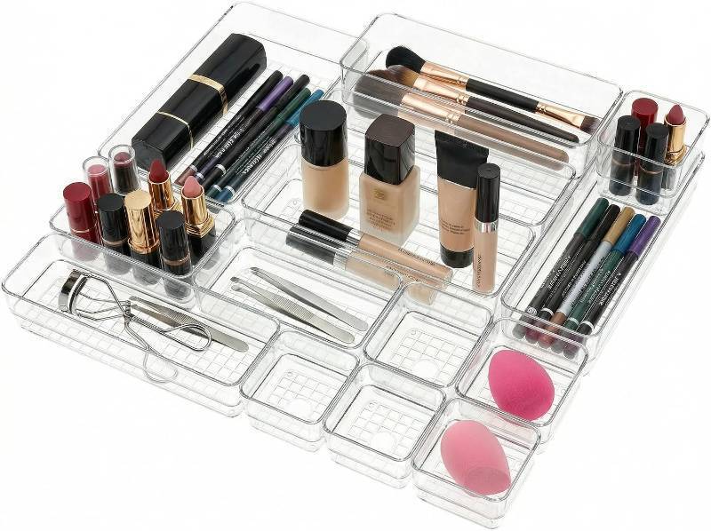 lot 78249 image: Clear Acrylic Makeup Organizer and Make Up Storage for Vanity - 4 Sizes Multi-layer Plastic Vanity Storage Organizer Bins and Drawer Divider Set - Makeup Drawer Organizer and Vanity Storage Bin