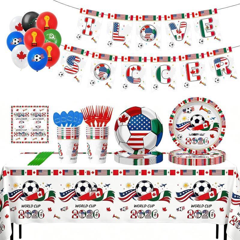 lot 78266 image: 2026 World Soccer 102Pcs Birthday Party Decorations Includes Plates, Napkins, Cups, Banner, Tablecloths, Balloons, Cupcake Toppers for 2026 Soccer Party Decorations, Serves 10